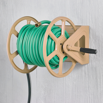 Liberty Garden 200 Foot Steel Dual Mount Garden Hose Storage Reel, Tan(Open Box)