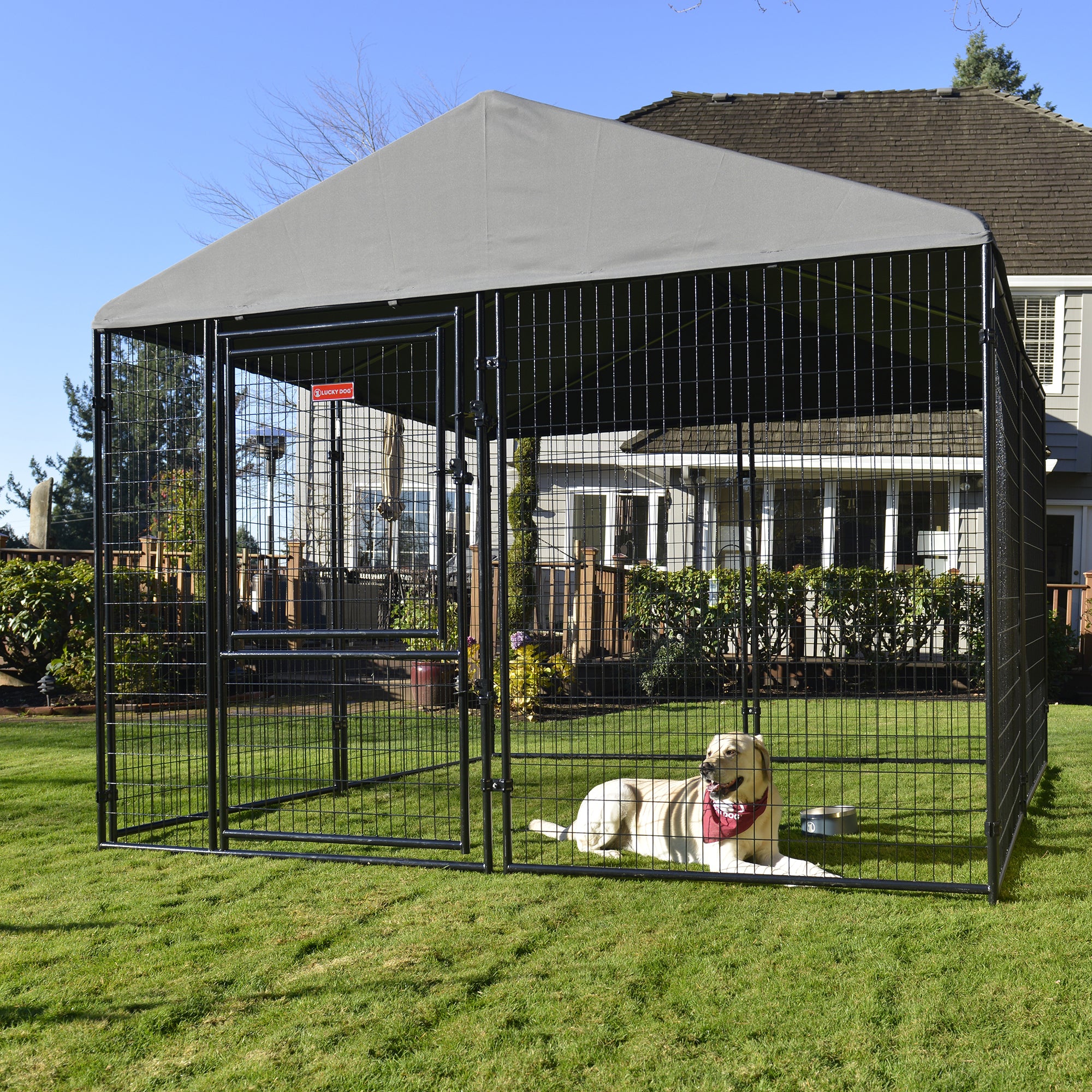 Lucky Dog STAY Series 10 x 10 x 6 Foot Roofed Steel Frame Dog Kennel, Grey - VMInnovations