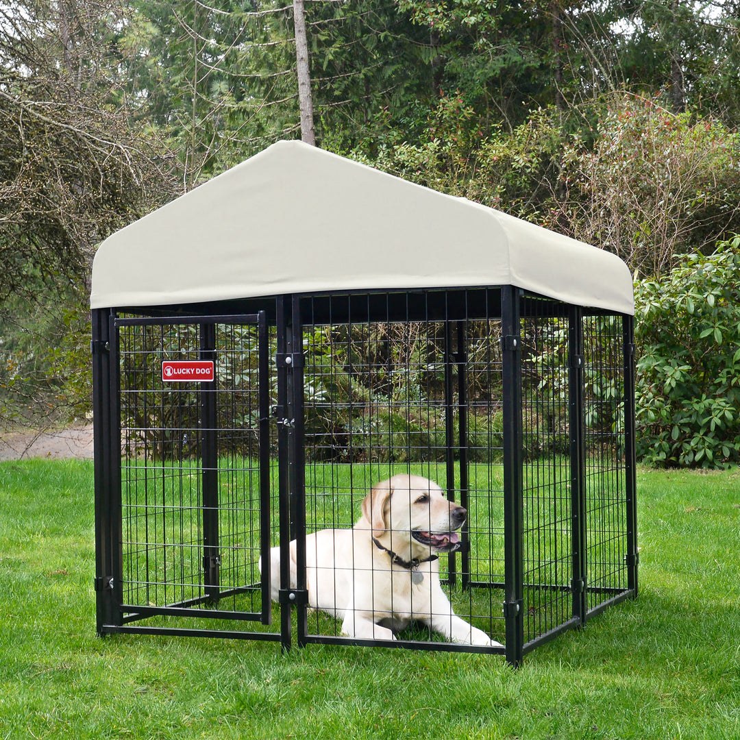 Lucky Dog STAY Series Studio Jr. 4x4x4.3 Ft Roofed Steel Frame Dog Kennel, Khaki