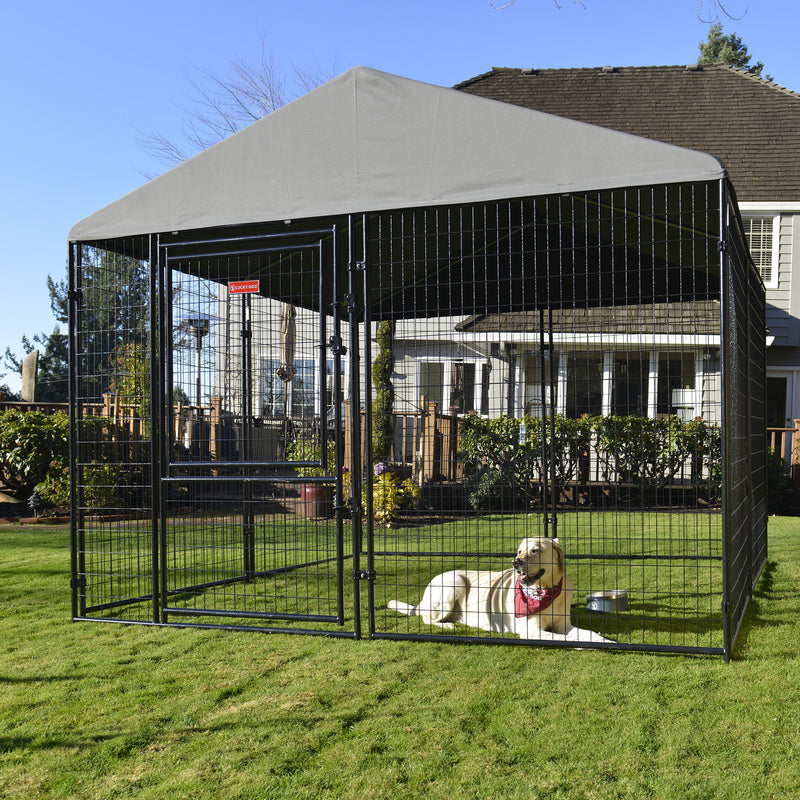 Lucky Dog STAY Series 10 x 10 x 6 Foot Roofed Steel Frame Dog Kennel, Grey