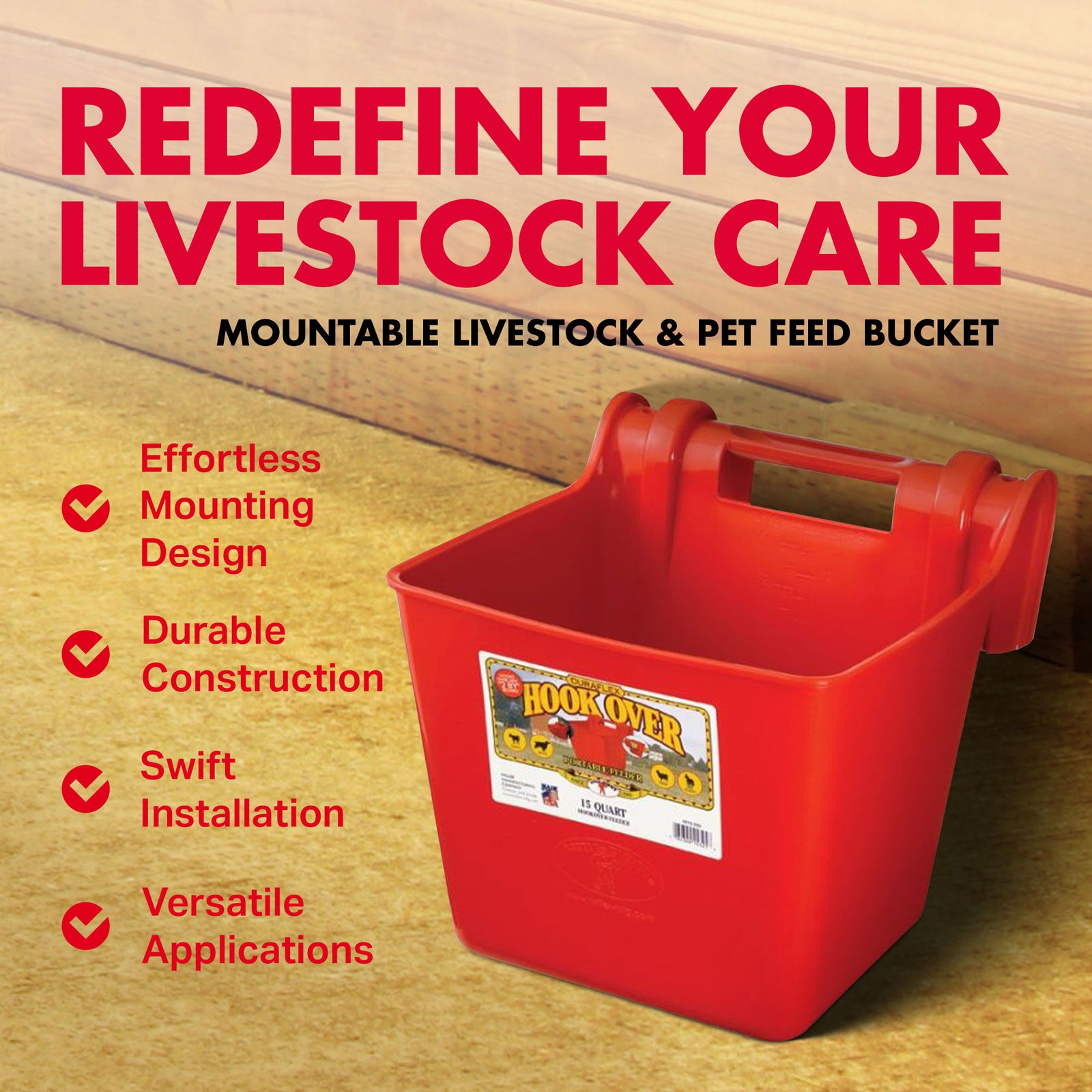 Little Giant 15 Quart Mountable Livestock & Pet Hook Over Bucket Feeder, Red - VMInnovations
