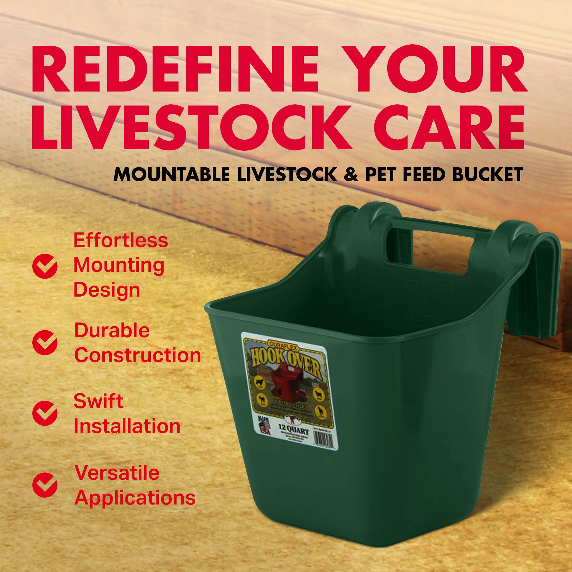 Little Giant 12 Quart Mountable Livestock & Pet Hook Over Bucket Feeder, Green - VMInnovations
