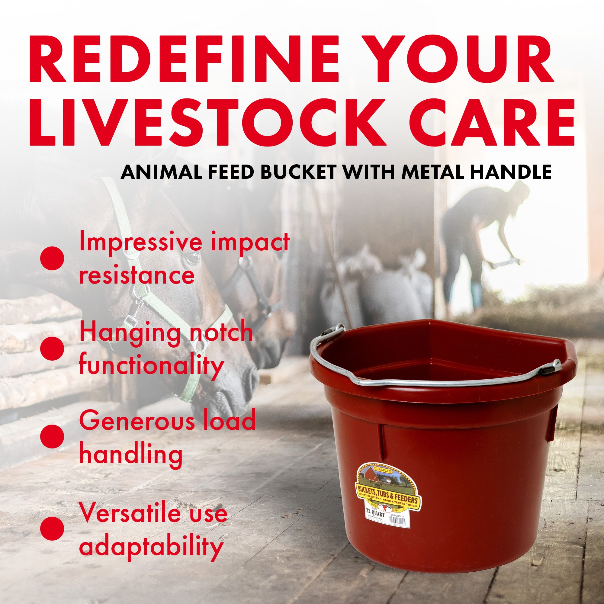 Little Giant Heavy Duty 22 Qt Flat Back Plastic Bucket w/Metal Handle, Burgundy - VMInnovations