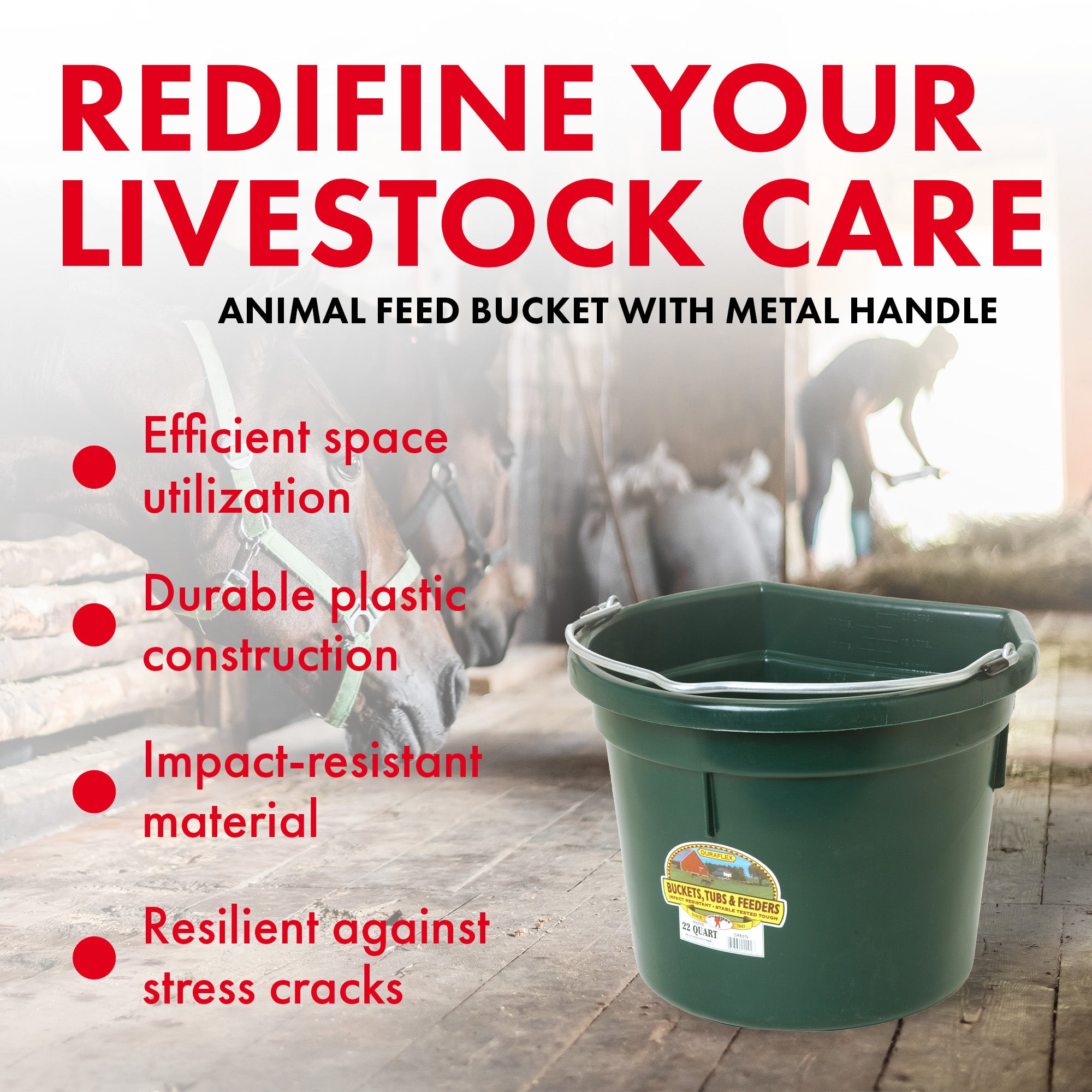 Little Giant Heavy Duty 22 Quart Flat Back Plastic Bucket w/ Metal Handle, Green - VMInnovations