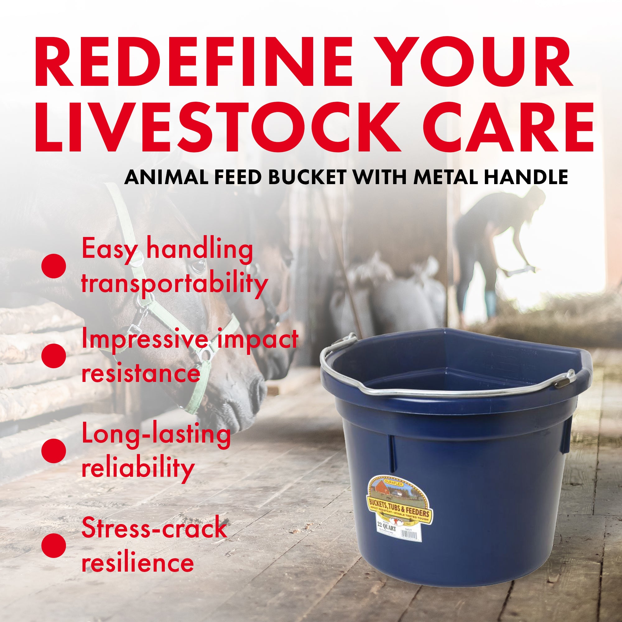 Little Giant Heavy Duty 22 Quart Flat Back Plastic Bucket w/ Metal Handle, Navy - VMInnovations