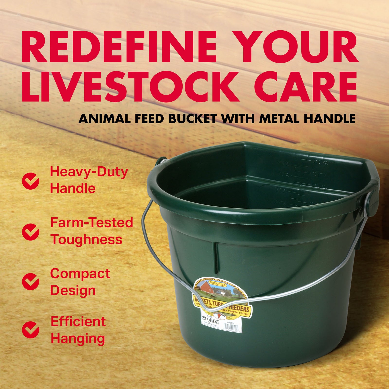 Little Giant 22 Quart Flat Plastic Animal Feed Bucket with Knob Bail, Green - VMInnovations
