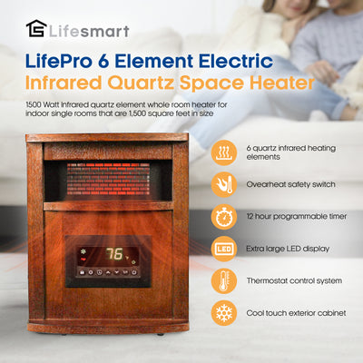 Lifesmart 6 Element 1500W Portable Electric Infrared Quartz Space Heater, Indoor (Refurbished)