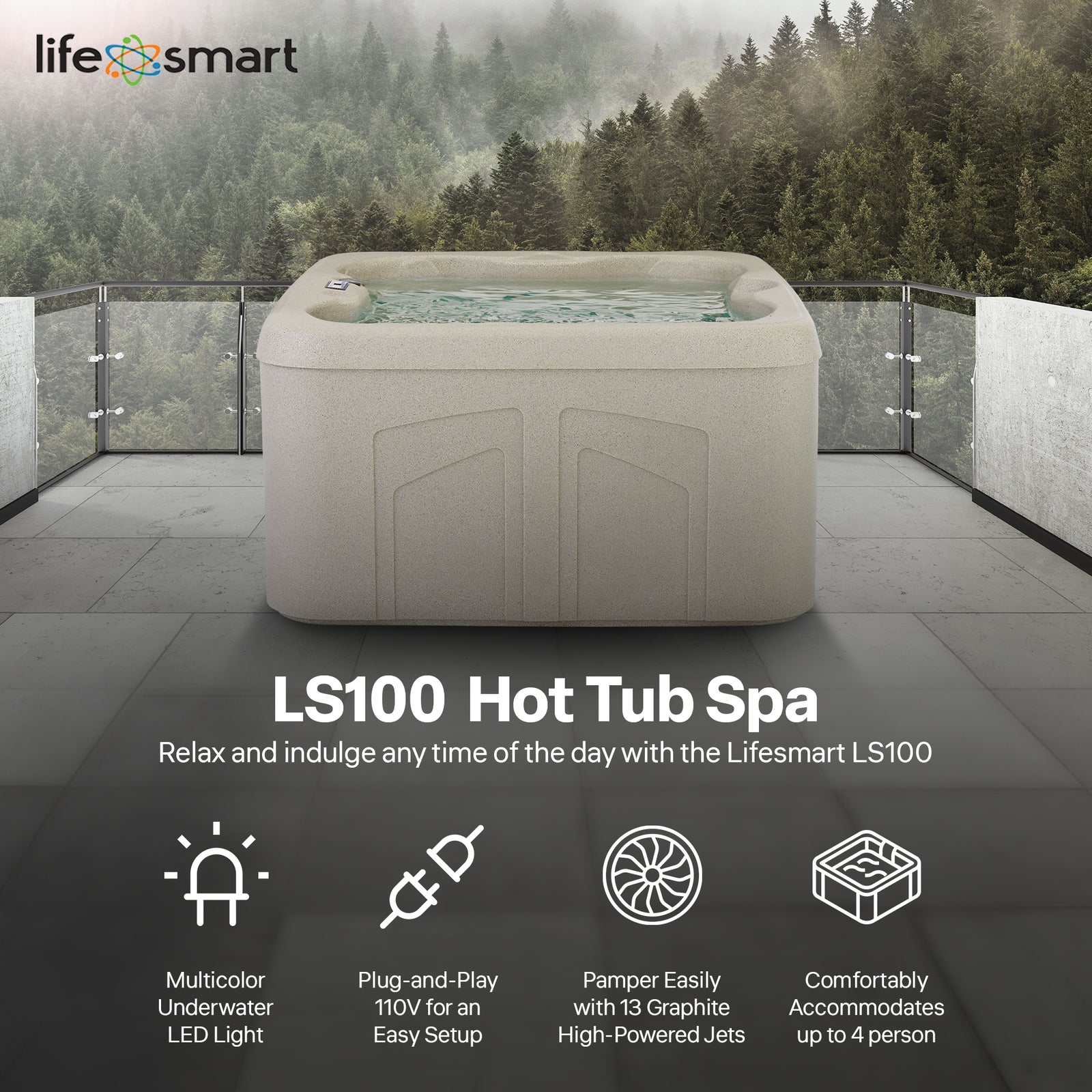 LifeSmart LS100 Sand 4 Person Plug and Play Square Hot Tub Spa with Black Cover - VMInnovations