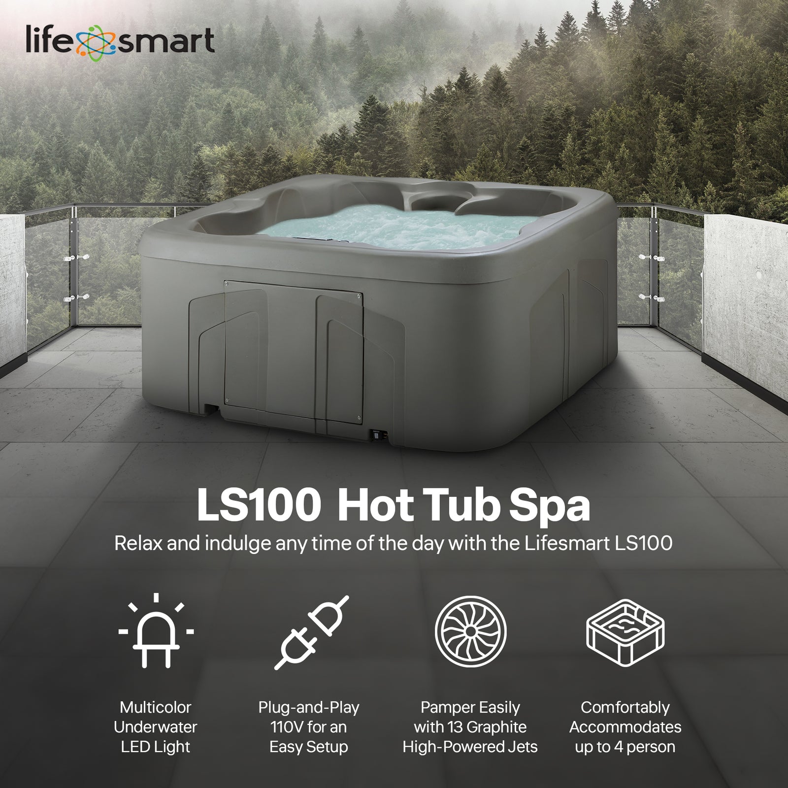 LifeSmart LS100 Taupe 4 Person Plug & Play Square Spa with Black Cover(Open Box) - VMInnovations