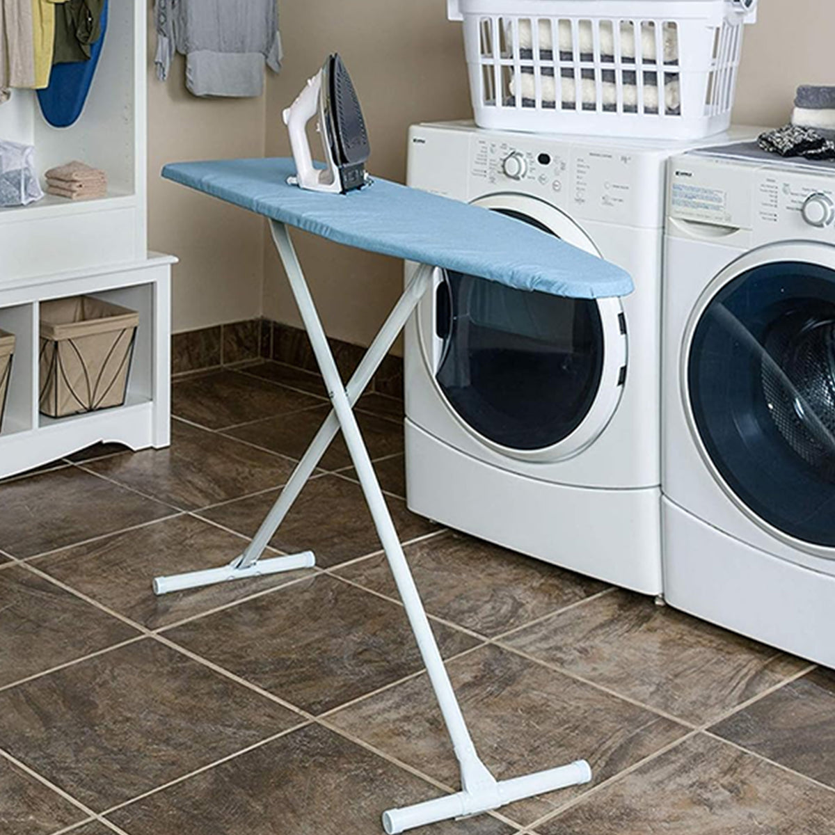 Homz T-Leg Foldable Adjustable Ironing Board w/ Foam Pad & Cotton Cover, Blue