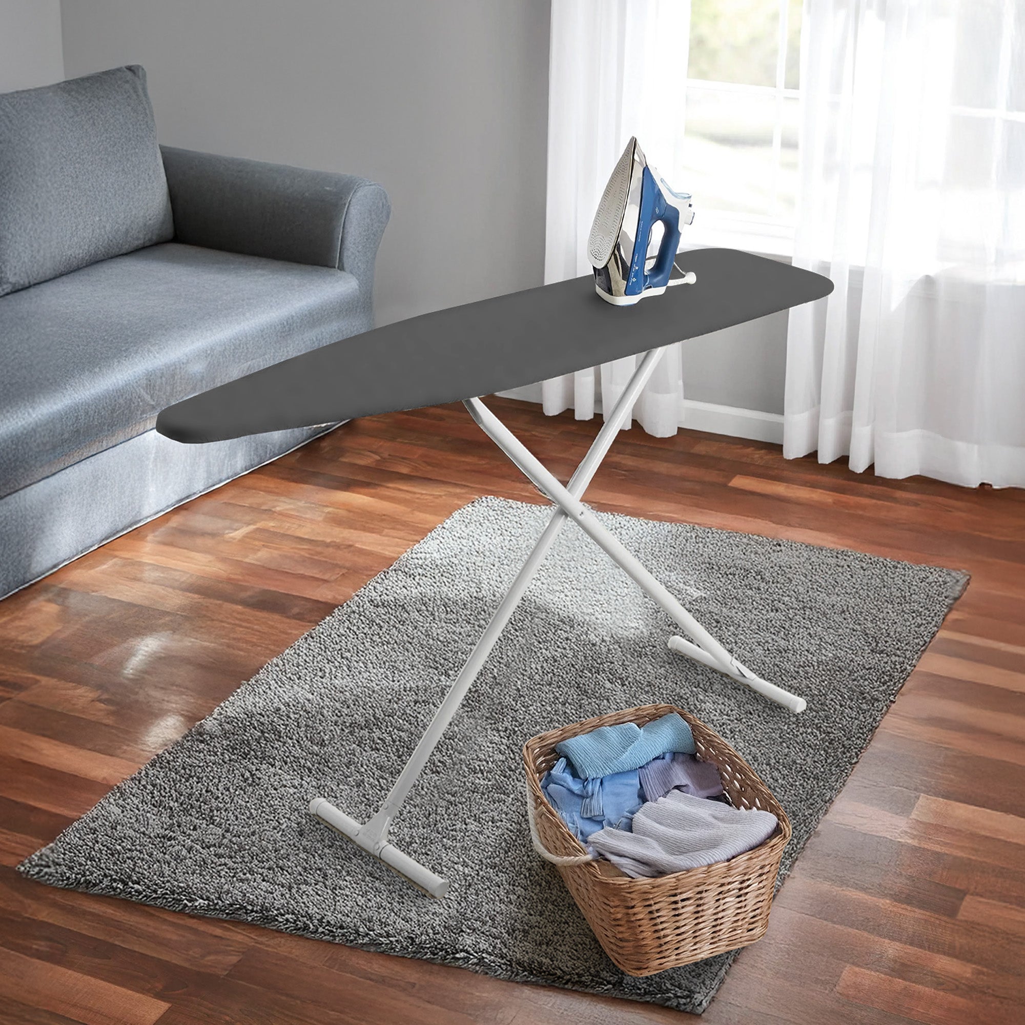 Homz T-Leg Foldable Adjustable Ironing Board with Foam Pad & Cotton Cover,Gray