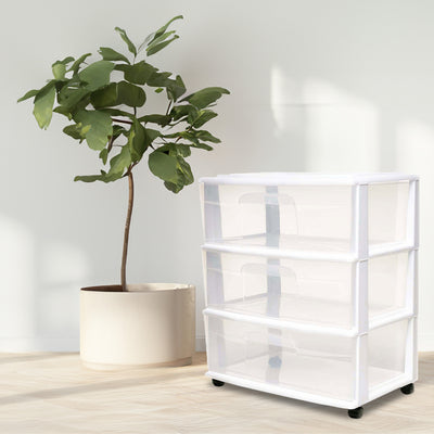 Homz Plastic 3 Clear Drawer Small Rolling Storage Container Tower, White Frame