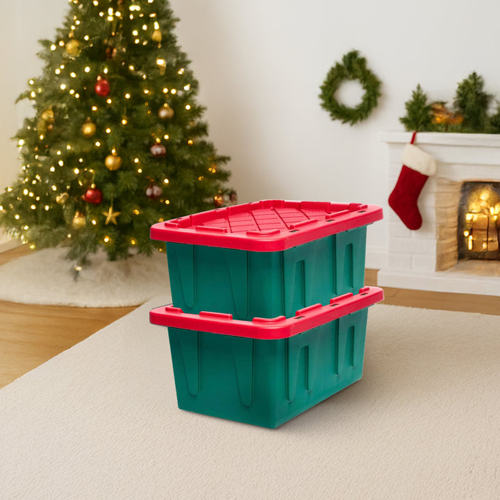 HOMZ Durabilt 15 Gallon Heavy Duty Holiday Storage Tote, Green/Red (2 Pack)