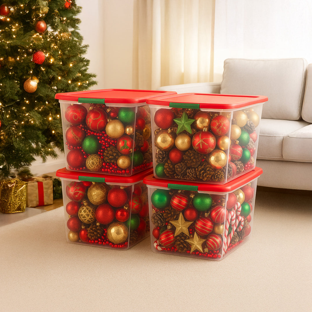 Homz 64 Qt Secure Latch Clear Plastic Storage Container Bin w/ Red Lid, 4 Pack