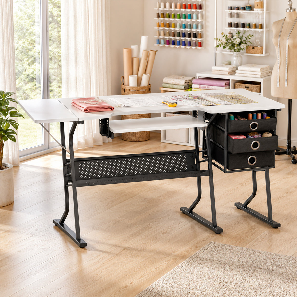 Sew Ready Eclipse Hobby Sewing Table with Storage Drawer and Shelves, Black