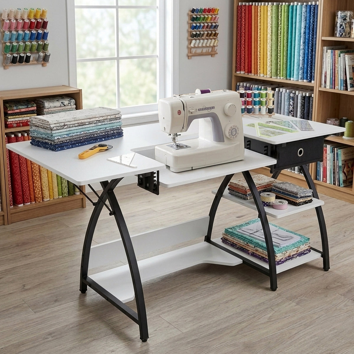 Sew Ready Comet Plus Hobby Sewing Table with Storage Drawer and Shelves, Black