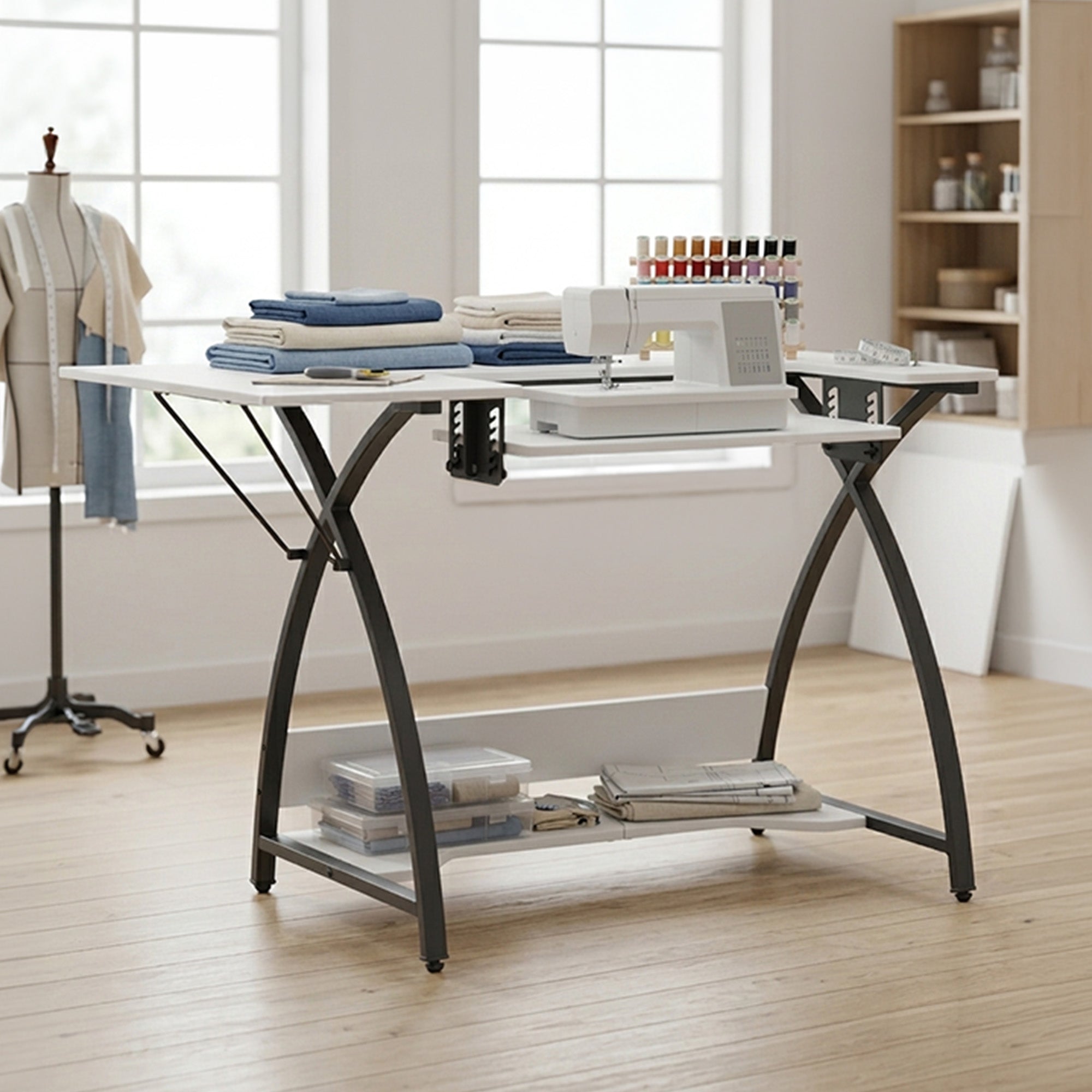 Sew Ready Comet Plus Hobby and Sewing Table with Side & Lower Shelf, Black/White