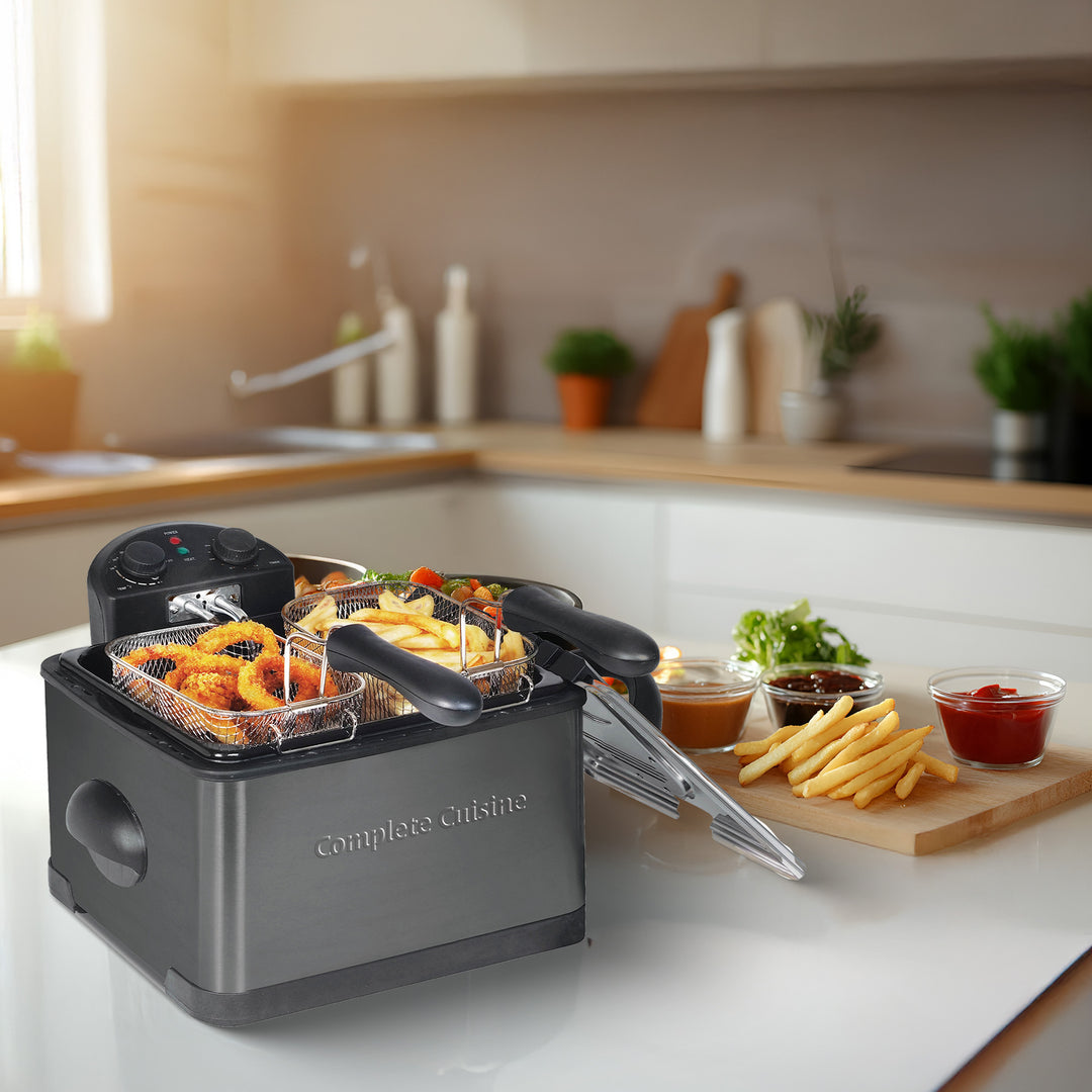 Complete Cuisine 4 Liter Electric Deep Fryer with 3 Fryer Baskets, Lid & Filter