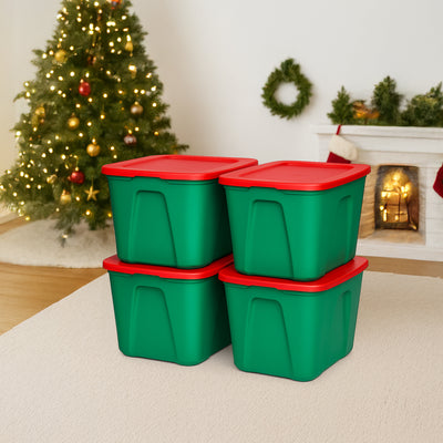 HOMZ 18 Gallon Heavy Duty Plastic Holiday Storage Totes, Green/Red (4 Pack)