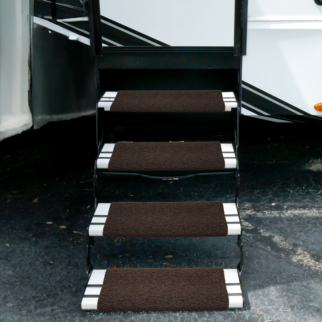 Camco Premium Wrap Around RV Step Rug with Looped PVC Material and Spring, Brown - VMInnovations