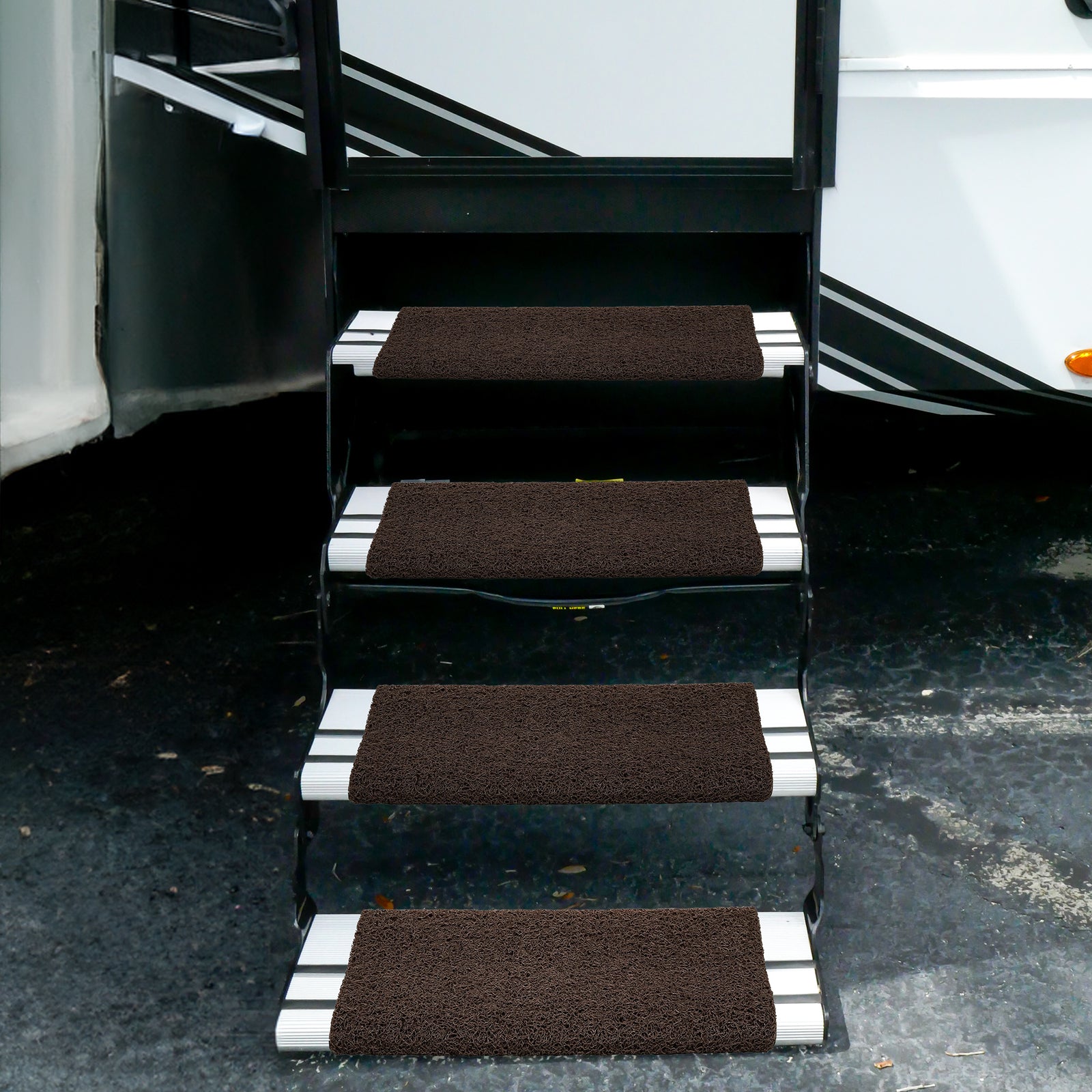Camco Premium Wrap Around RV Step Rug with Looped PVC Material and Spring, Brown - VMInnovations