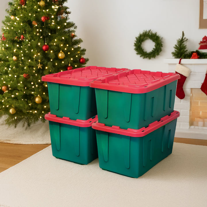 HOMZ Durable 27 Gallon Heavy Duty Holiday Storage Tote, Green/Red, (4 Pack)