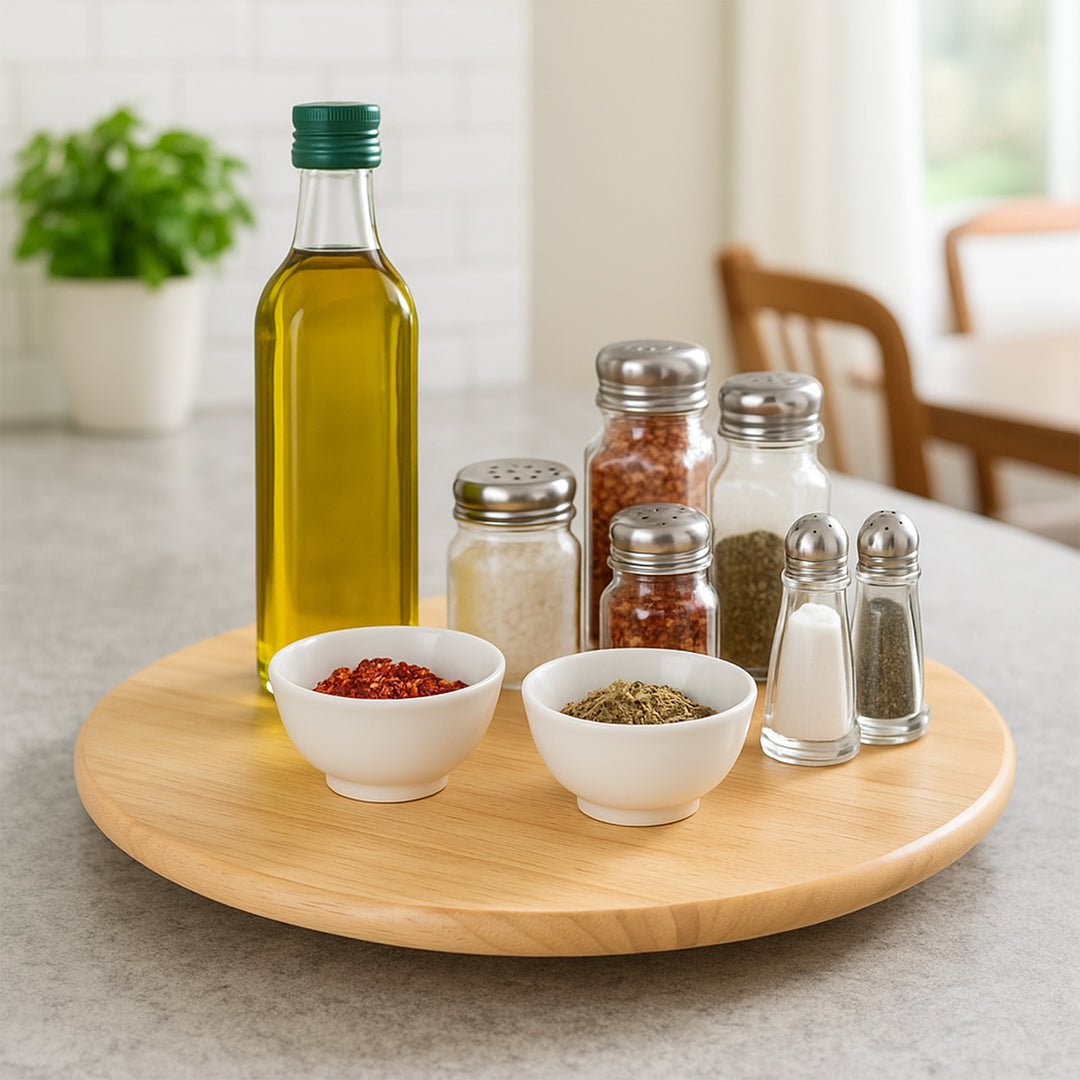 PJ Wood Round Natural Wooden Lazy Susan Organizer Kitchen Cabinet Turntable Tray