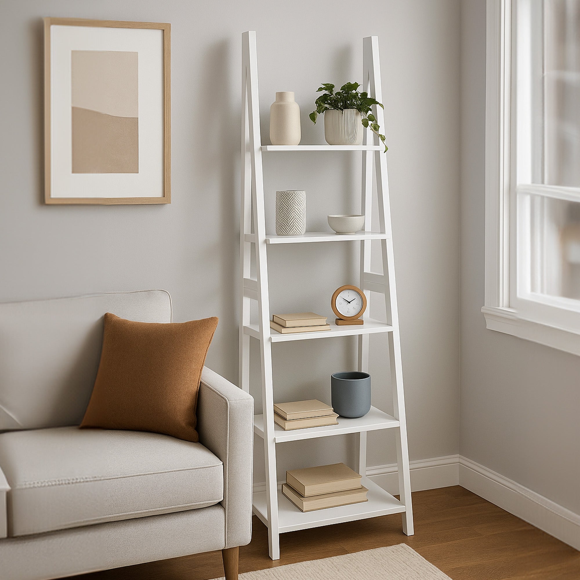 PJ Wood 5 Tier Wooden Ladder Shelf Organizer Bookcase Home Display Stand, White - VMInnovations