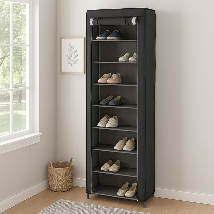 Neat Living Vertical 10 Tier Shoe Organizer Rack, Storage Shelves & Cover, Gray