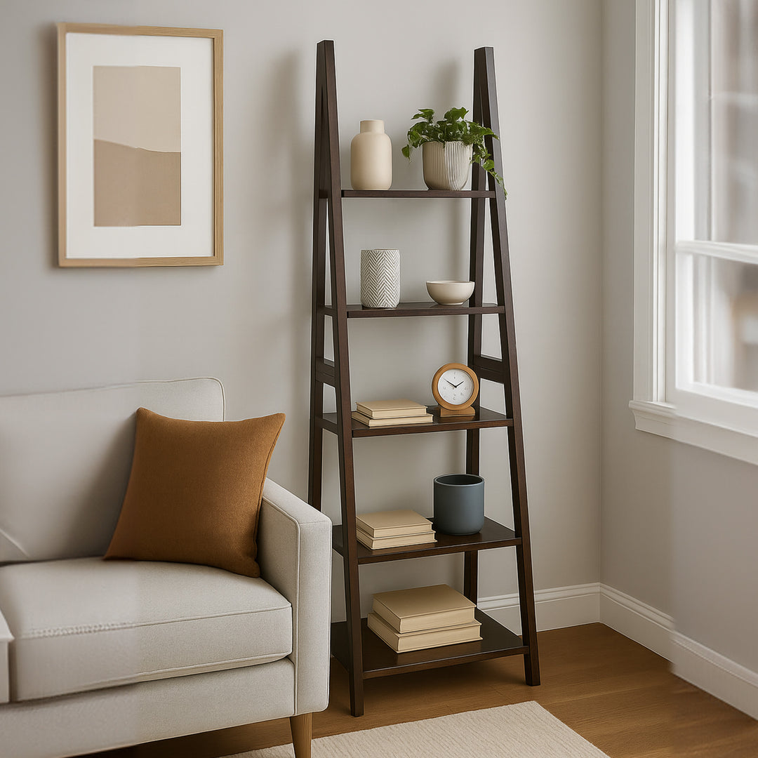 PJ Wood 5 Tier Wooden Ladder Shelf Organizer Bookcase Home Display, Espresso