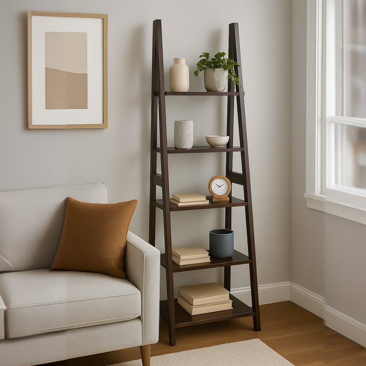 PJ Wood 5 Tier Wooden Ladder Shelf Organizer Bookcase Home Display, Espresso