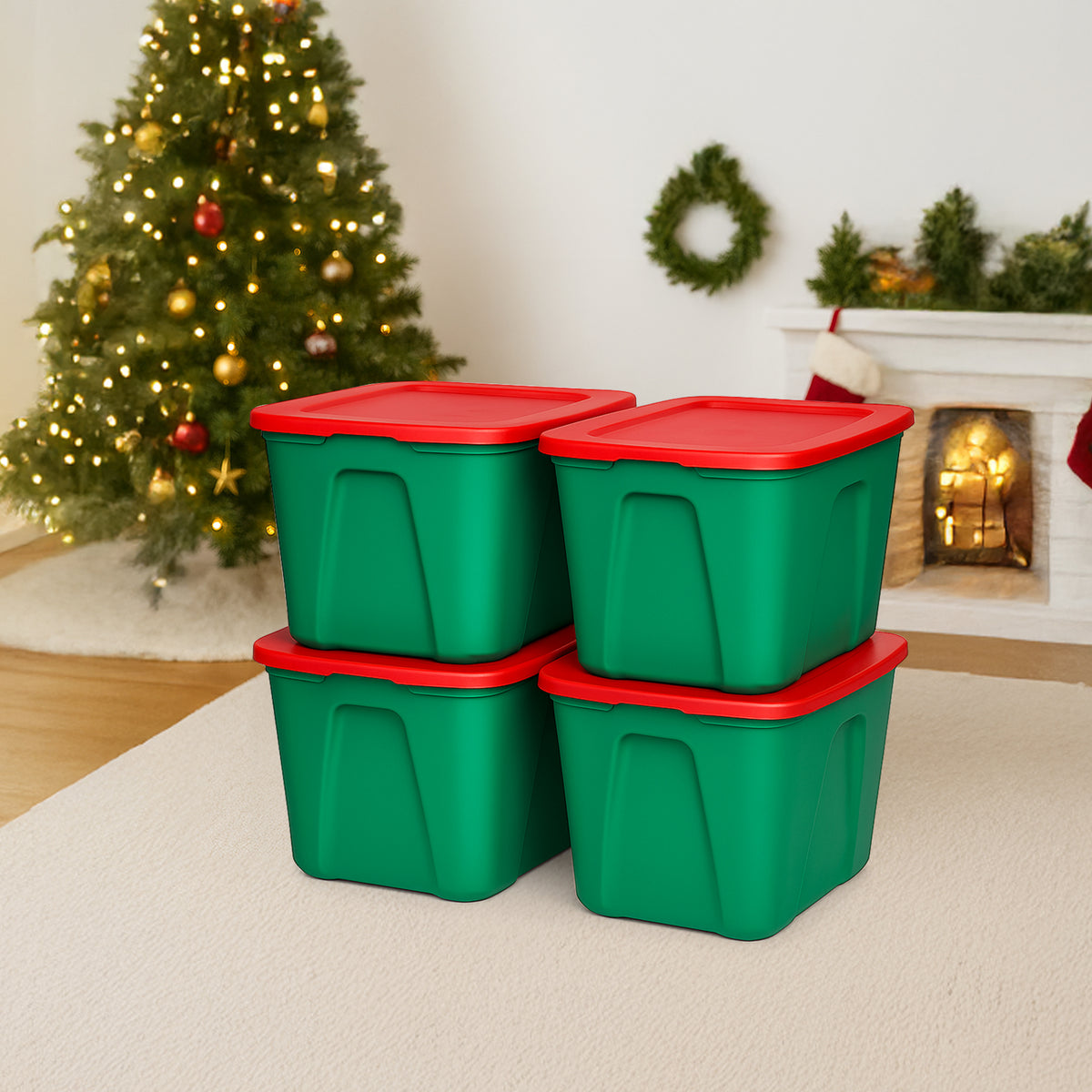 HOMZ 18 Gallon Heavy Duty Plastic Holiday Storage Totes, Green/Red (4 Pack)