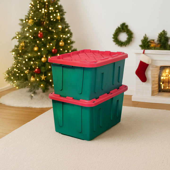 HOMZ Durabilt 27 Gallon Heavy Duty Holiday Storage Tote, Green/Red (2 Pack) - VMInnovations
