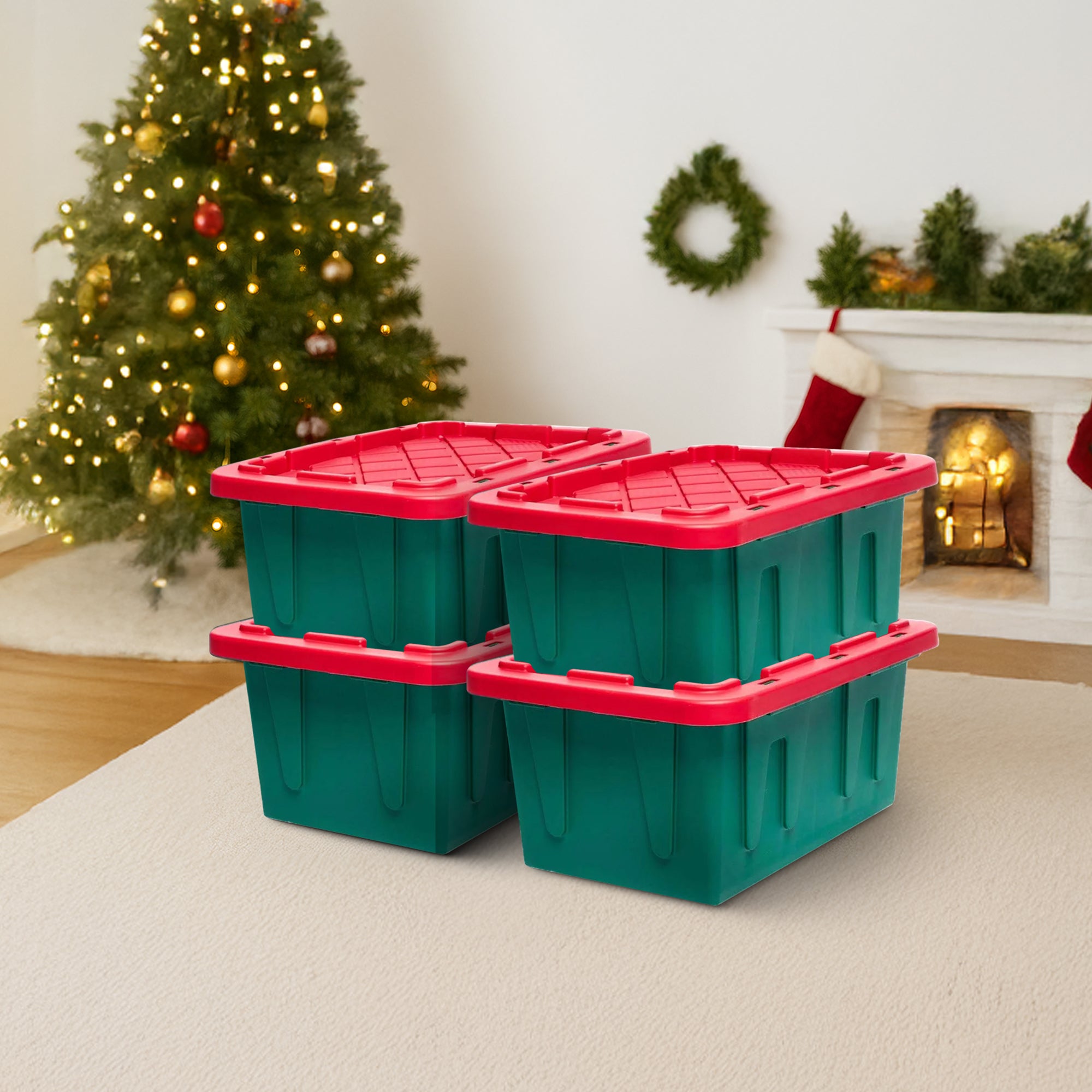 HOMZ Durabilt 15 Gallon Heavy Duty Holiday Storage Tote, Green/Red (4 Pack) - VMInnovations