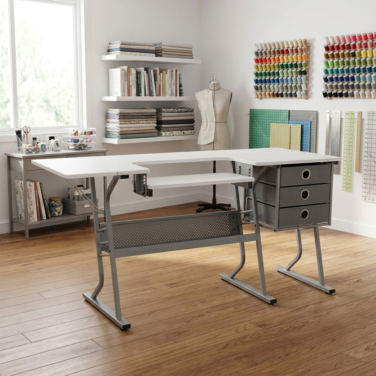 Studio Designs Eclipse Ultra Sewing Machine Craft Table Cabinet, Grey/White