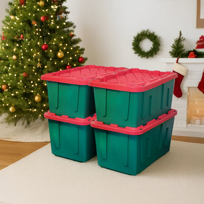 HOMZ Durable 27 Gallon Heavy Duty Holiday Storage Tote, Green/Red, (4 Pack) - VMInnovations