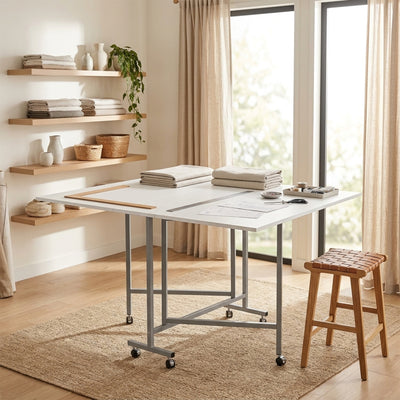 Sew Ready Folding Craft and Cutting Standing Table with Wheels, Silver/White