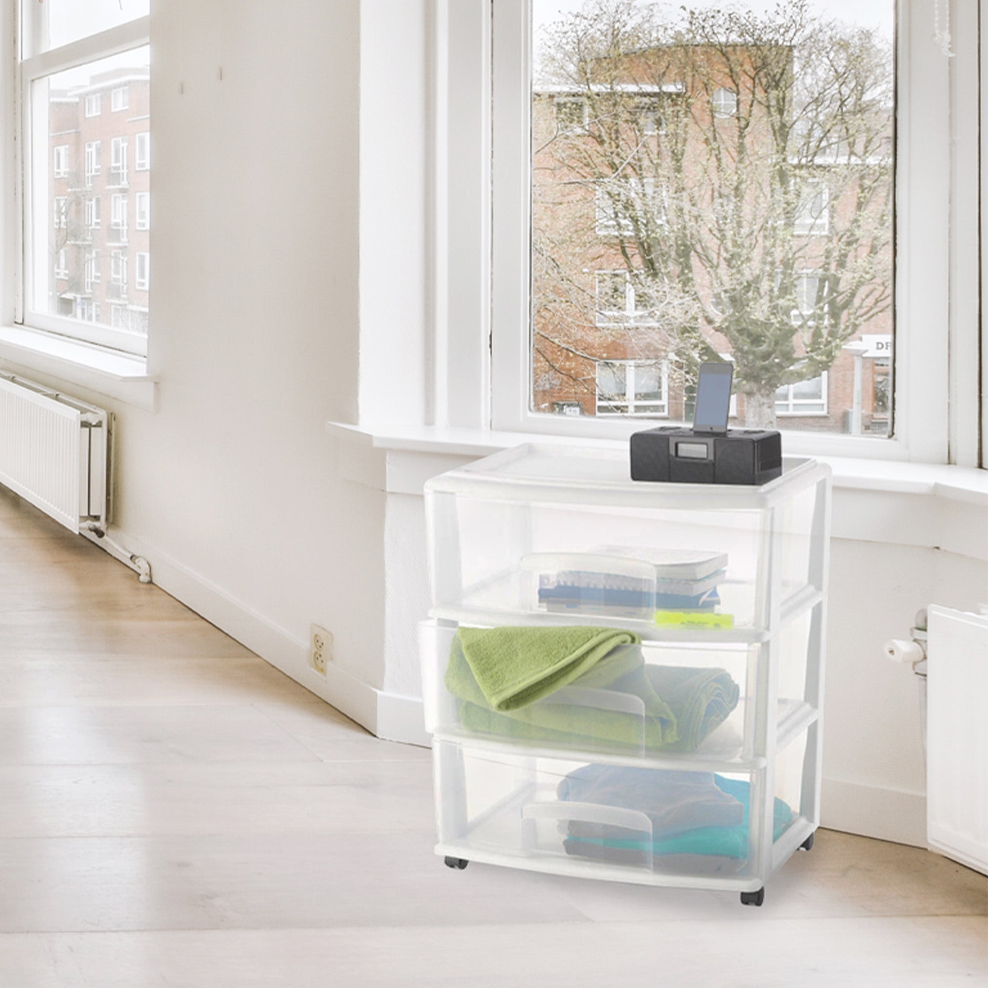 Homz Plastic 3 Clear Drawer Small Rolling Container Tower, White Frame(Open Box) - VMInnovations