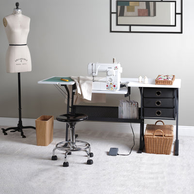 Sew Ready Eclipse Hobby Sewing Table with Storage Drawer and Shelves, Black