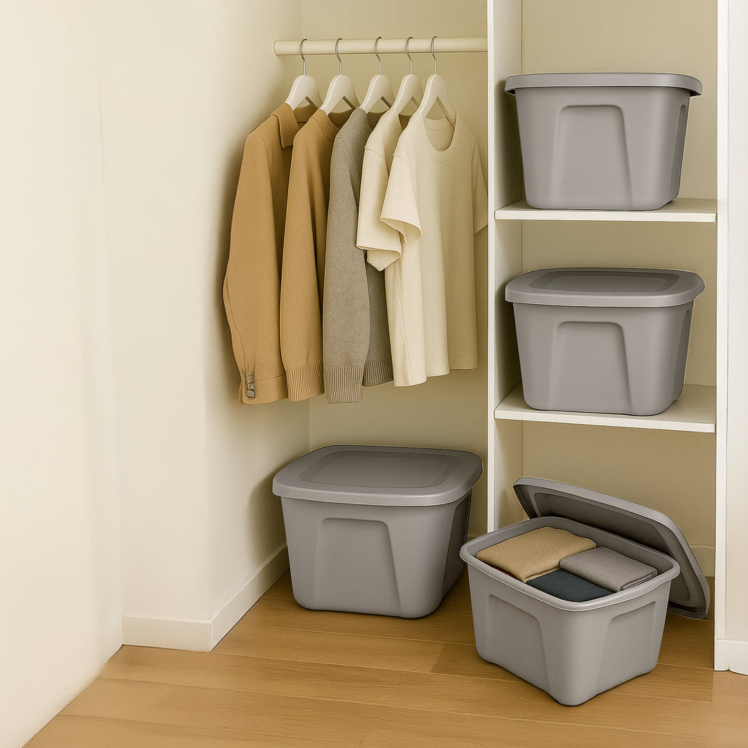 Homz 10 Gallon Heavy Duty Plastic Storage Container, Titanium Silver (8 Pack)