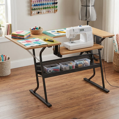 Sew Ready Eclipse Hobby Sewing Table with Storage Drawer and Shelves, Maple