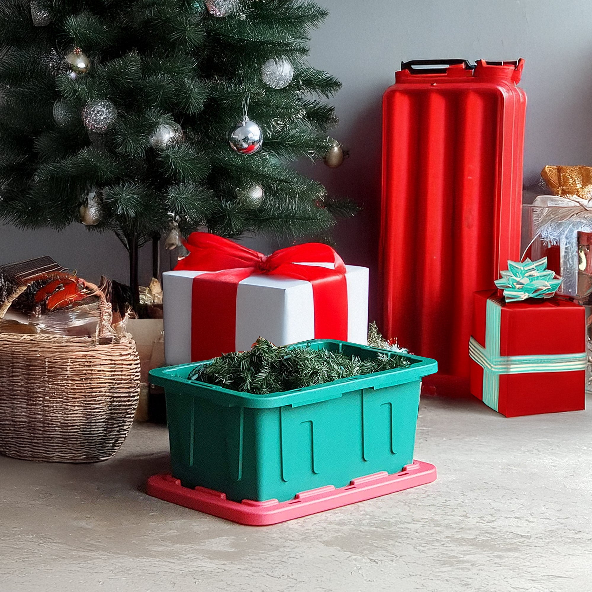 HOMZ Durabilt 15 Gallon Heavy Duty Holiday Storage Tote, Green/Red (4 Pack) - VMInnovations