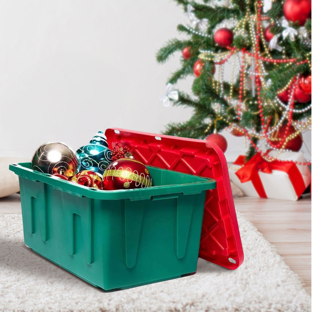 HOMZ Durabilt 15 Gallon Heavy Duty Holiday Storage Tote, Green/Red (2 Pack)