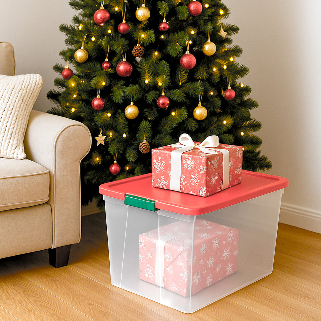 Homz 64 Qt Secure Latch Clear Plastic Storage Container Bin w/ Red Lid, 4 Pack