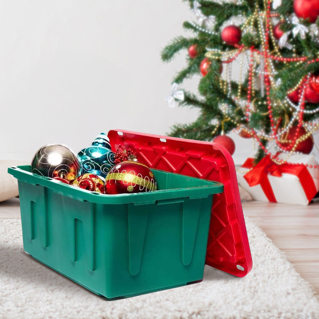 HOMZ Durable 27 Gallon Heavy Duty Holiday Storage Tote, Green/Red, (4 Pack)