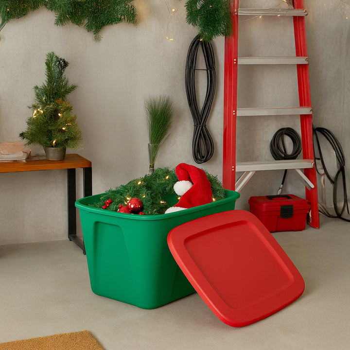 HOMZ 18 Gallon Heavy Duty Plastic Holiday Storage Totes, Green/Red (4 Pack)