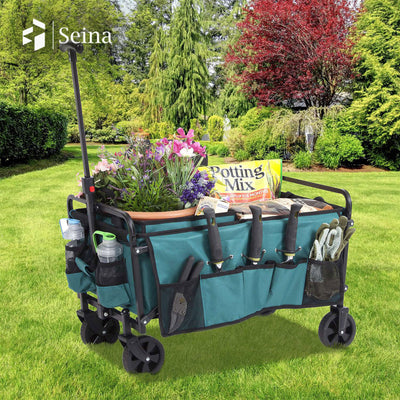 Seina All in One Foldable Garden Wagon with Mulch & Soil Dumper Included, Green