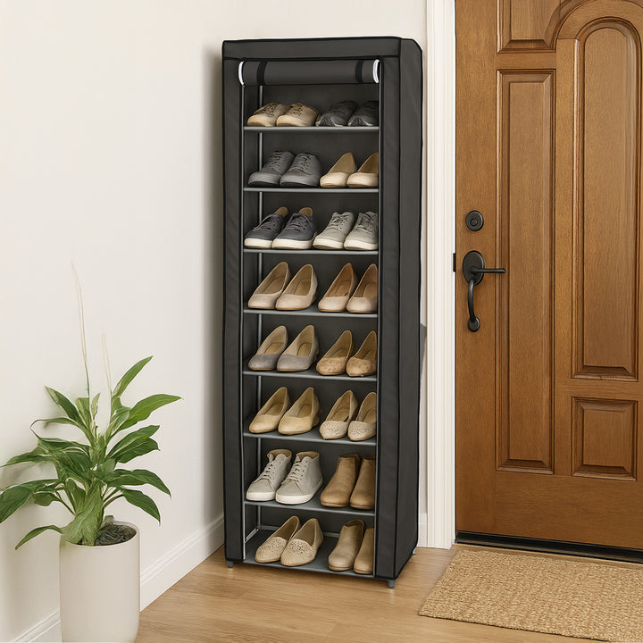 Neat Living Vertical 10 Tier Shoe Organizer Rack, Storage Shelves & Cover, Gray
