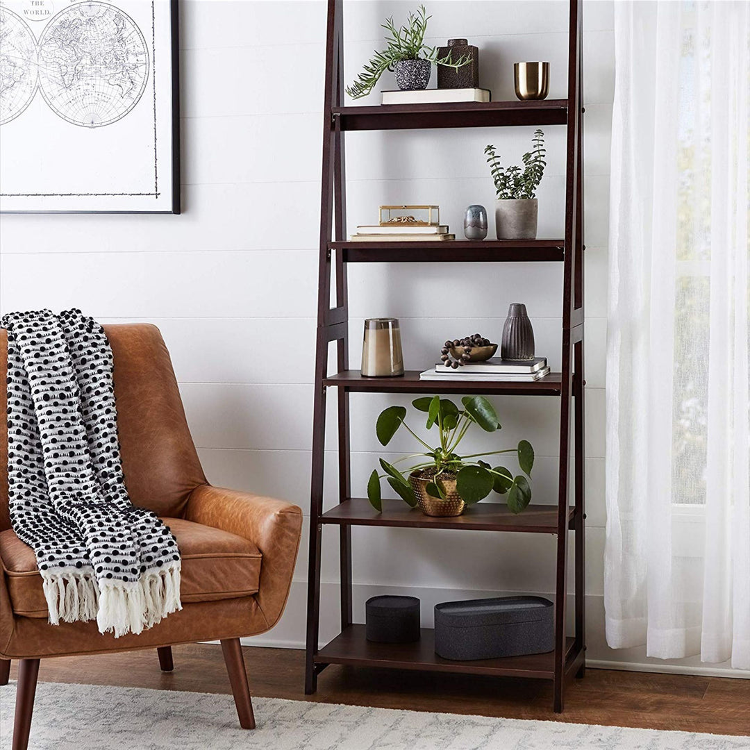 PJ Wood 5 Tier Wooden Ladder Shelf Organizer Bookcase Home Display, Espresso