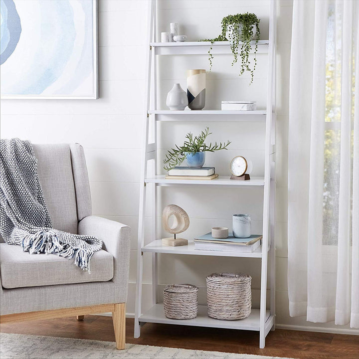 PJ Wood 5 Tier Wooden Ladder Shelf Organizer Bookcase Home Display Stand, White
